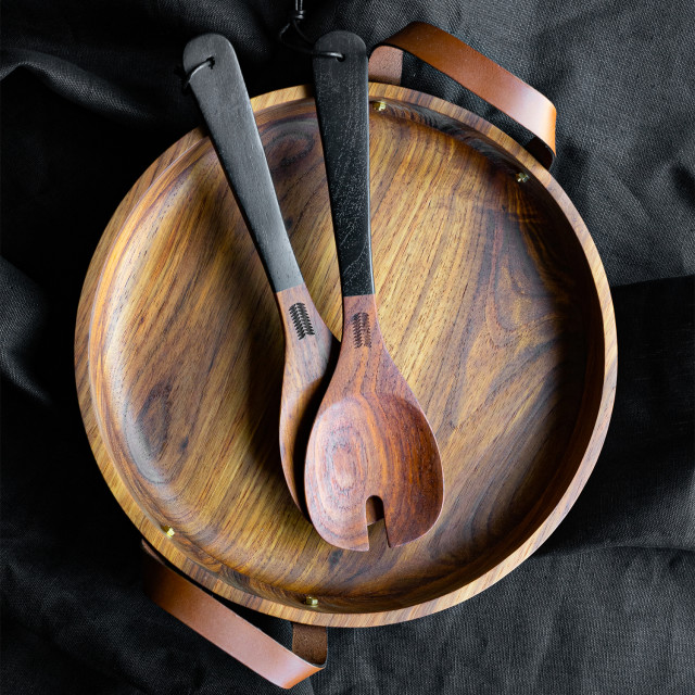 Luuks Kiaat Wooden Salad Servers with leather detail, Set of 2 with Wooden Tray Bowl with Leather Handles. Sold separately