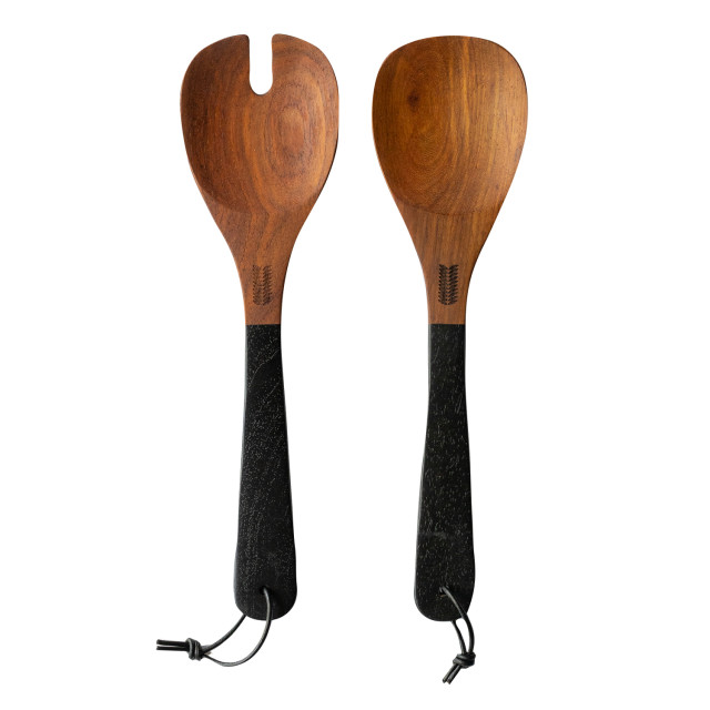 Luuks Kiaat Wooden Salad Servers with leather detail, Set of 2