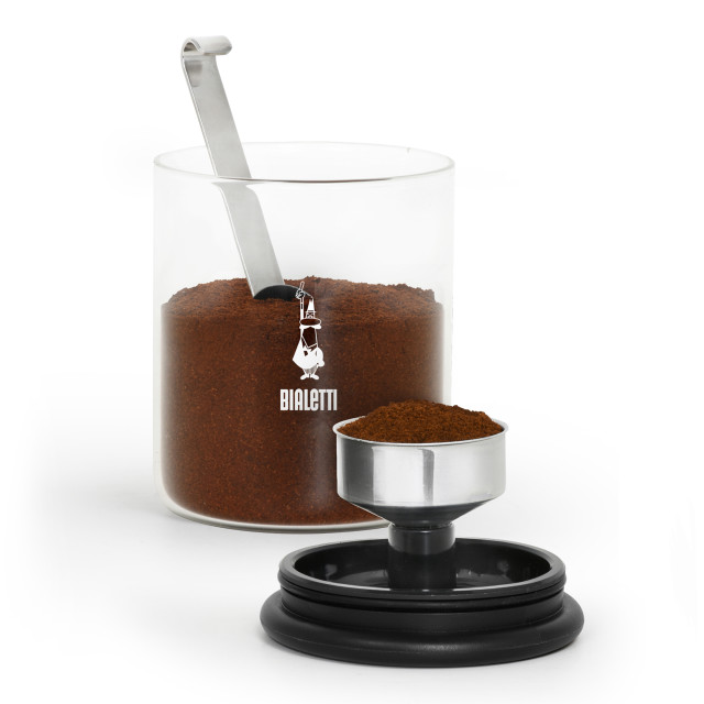 Bialetti Glass Smart Coffee Container and Spoon with coffee