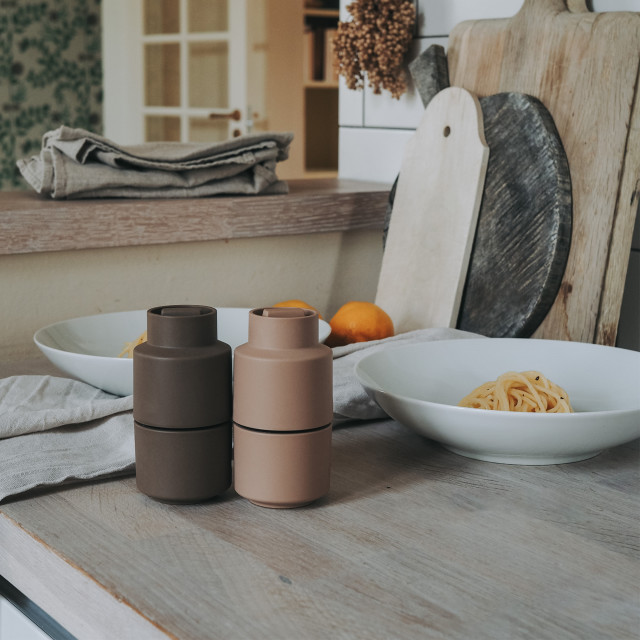 Crushgrind Billund Grinder, Set of 2 - All Spice and Cardamon on the table