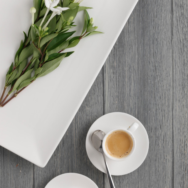 Maxwell & Williams White Basics Rectangular Platter - 27cm with coffee cup and saucer