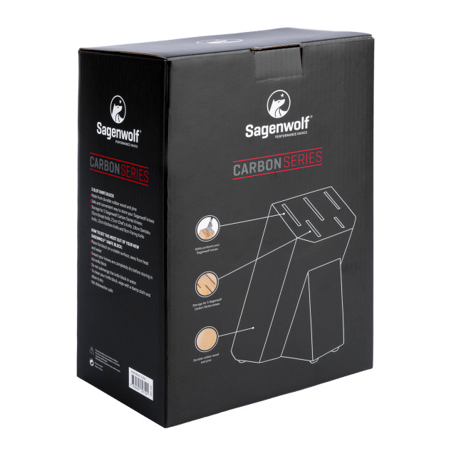 Sagenwolf Performance Rubber Wood Knife Block, 5 Slot Back View of Packaging