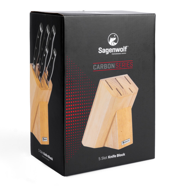 Sagenwolf Performance Rubber Wood Knife Block, 5 Slot Front view of Packaging