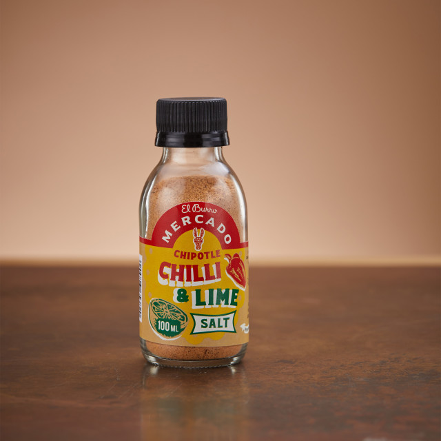 El Burro Mercado Chipotle Chilli and Lime Salt, 100ml On A Table