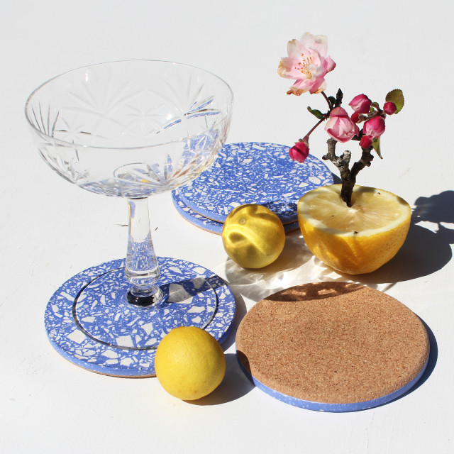 Alkaline Terrazzo Coasters, Set of 4 - Blue and white with a cocktail glass