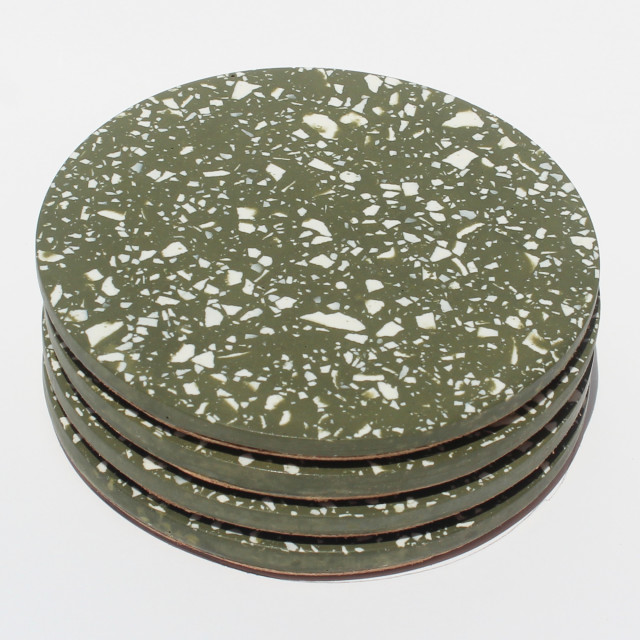 Alkaline Terrazzo Coasters, Set of 4 - Olive and White Terrazzo 