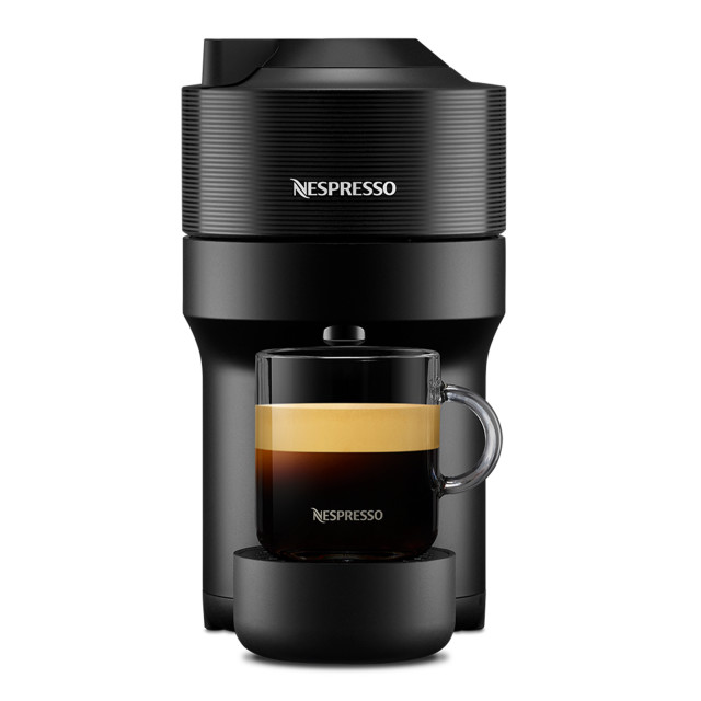 Nespresso Vertuo Pop Coffee Machine & Aeroccino Milk Frother Bundle - Liquorice Black front view with a cup of coffee