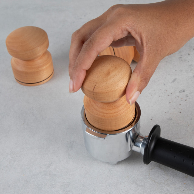 Oh Nice Wooden Coffee Tamper, 58mm - Beech with a portafilter