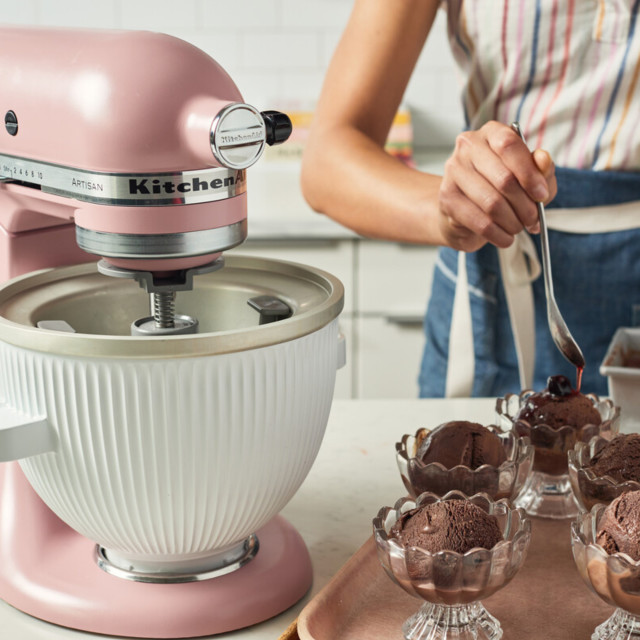 KitchenAid Ice Cream Maker Attachment on the kitchen counter with chocolate ice-cream