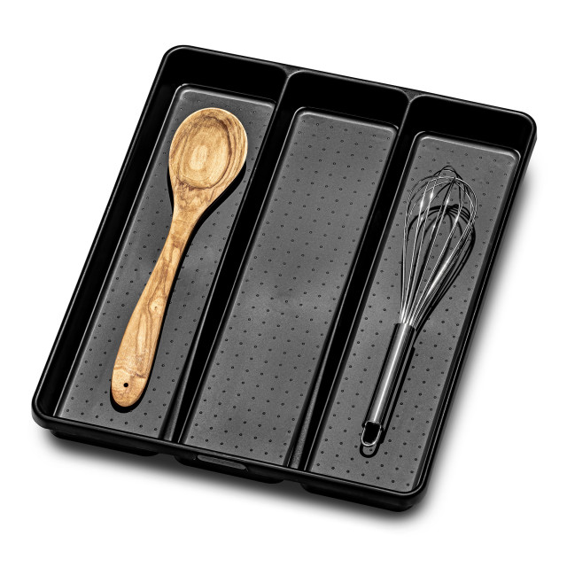 Madesmart Classic Large Utensil Tray - Antimicrobial Carbon with a whisk and a wooden spoon