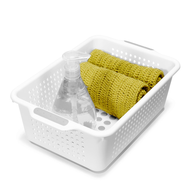 Madesmart Classic Small Storage Basket - Antimicrobial White with cloths and a hand sanitiser  