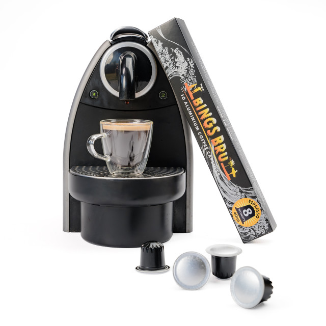 Bings Bru Espresso Coffee Capsules with a coffee machine