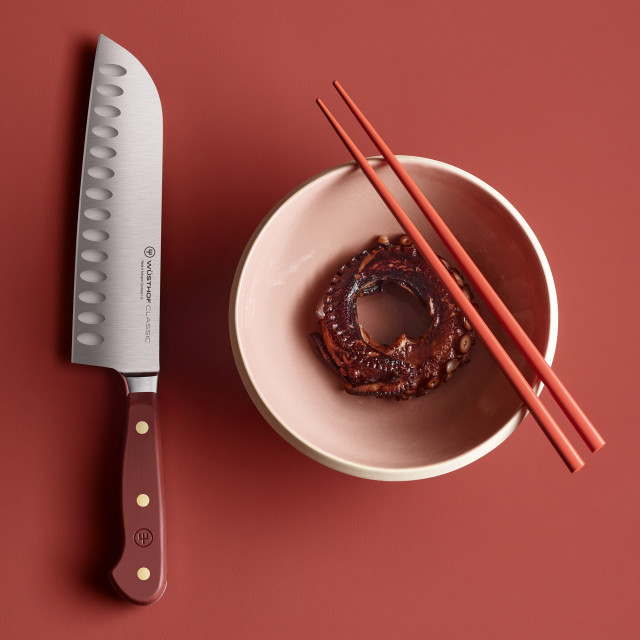 Wusthof Classic Santoku, 17cm - Tasty Sumac on the table with a bowl and chopsticks