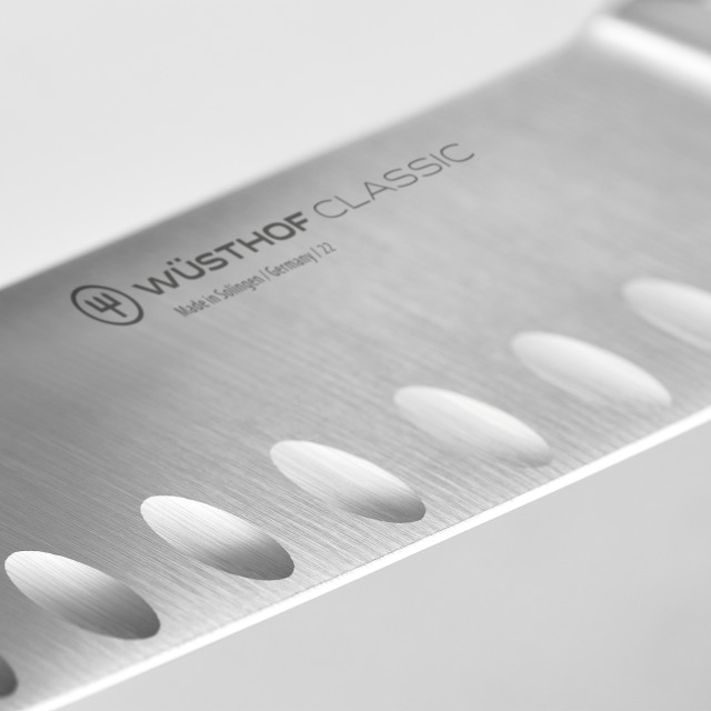 Wusthof Classic Santoku, 17cm - Coral Peach detail of the blade