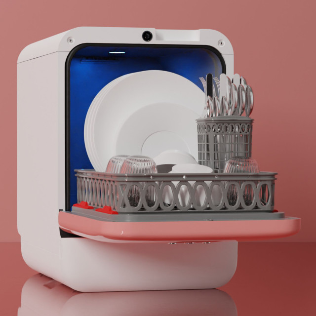 Daan Tech Bob Eco-Compact Dishwasher - Pink Pastel with dishes