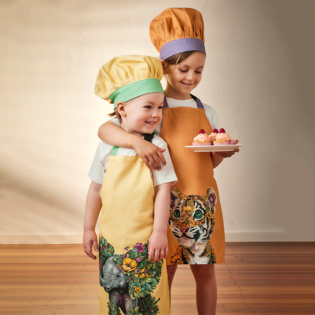 Maxwell & Williams Wild Planet Kids Apron and Hat Set - Elephant worn by kids