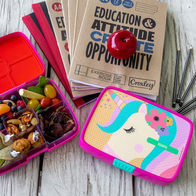 Crunchbox Classic 5 Pink Compartment Lunchbox - Unicorn on the table with books