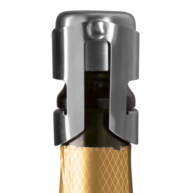 Vacu Vin Stainless Steel Champagne Stopper - Silver showing sclae on a champagne bottle