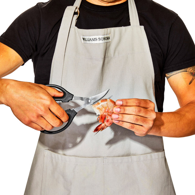 OXO Good Grips Seafood Scissors cutting a prawn