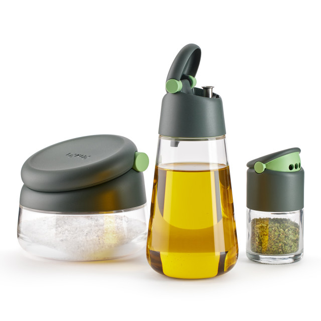 Lekue Oil Bottle, 400ml with a spice shake and salt cellar