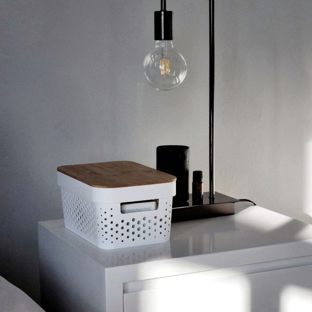 Trendz Of Today White Storage Bin With Bamboo Lid - Large next to the bed