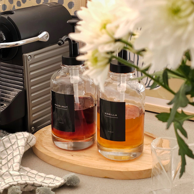 Trendz Of Today Glass Syrup Pump Bottles, Set of 2 - Black with syrup
