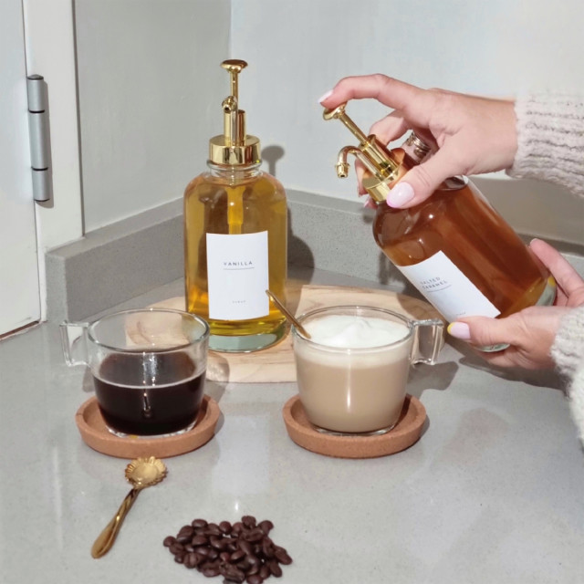 Trendz Of Today Pack Of 2 Glass Syrup Pump Bottles with cups of coffee