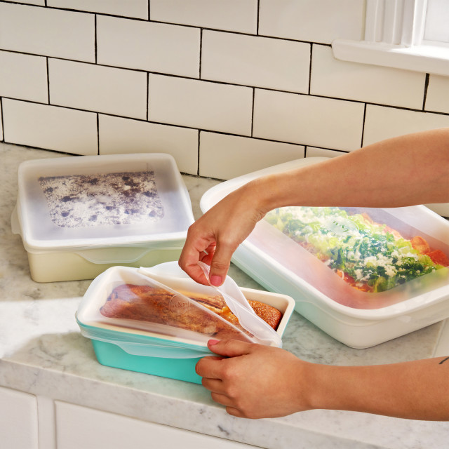 W & P Large Stretch Baking Lids, Set of 3 on the kitchen counter with casserole dishes