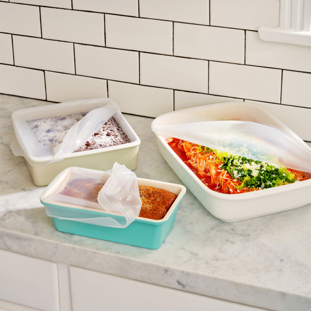 W & P Large Stretch Baking Lids, Set of 3 on the kitchen counter with casserole dishes