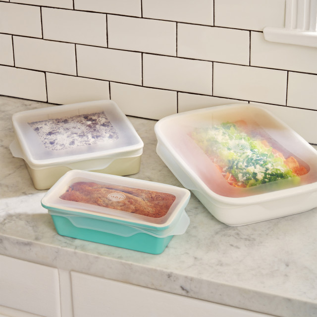 W & P Large Stretch Baking Lids, Set of 3 on the kitchen counter with casserole dishes