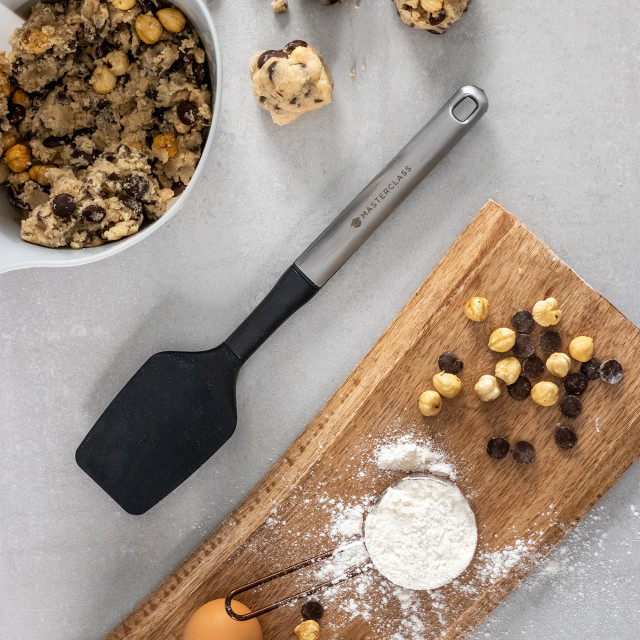 MasterClass Soft Grip Stainless Steel Spoon Spatula, 30cm with baking ingredients