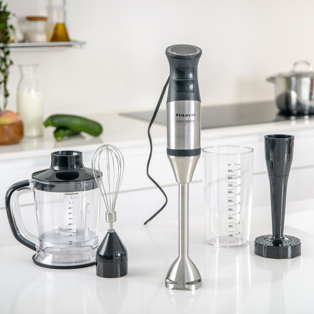 Taurus Bapi Premium Complet Stainless Steel Stick Blender with Accessories, 1200W on the kitchen counter