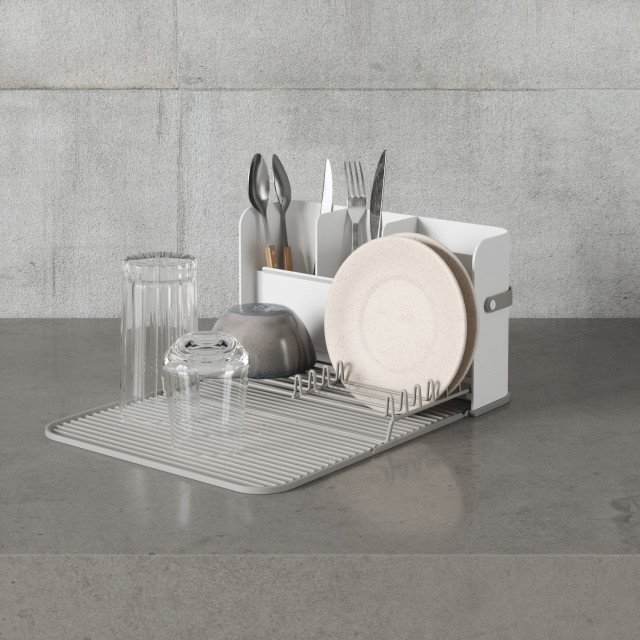 Umbra Sling Folding Dishrack - White in use on counter with dishes