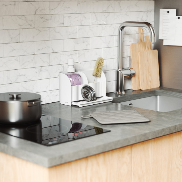 Umbra Sling Sink Caddy with Soap Dispenser on kitchen counter
