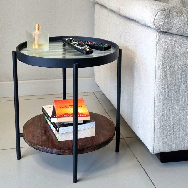 Native Decor Fluted Glass Side Table next to a couch