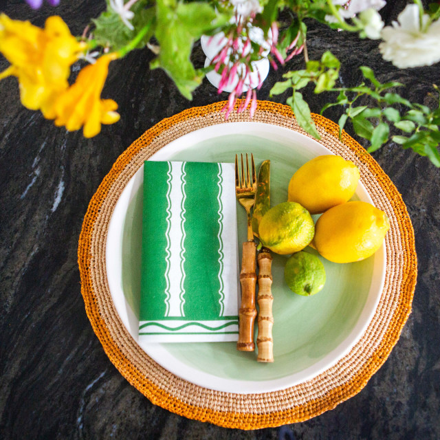 Tavola Stripe Biodegradable Paper Napkins, Pack of 25 dark green on a plate