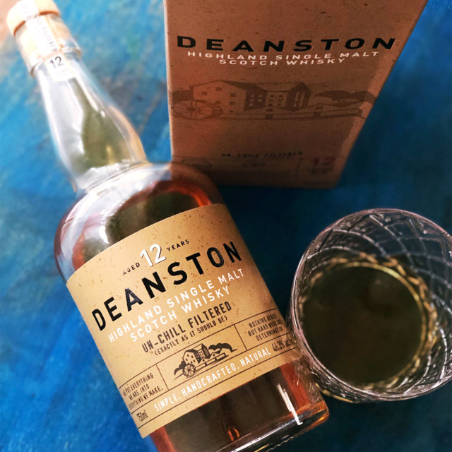 Deanston 12-Year-Old Single Malt Scotch Whisky, 700ml on the table with a glass