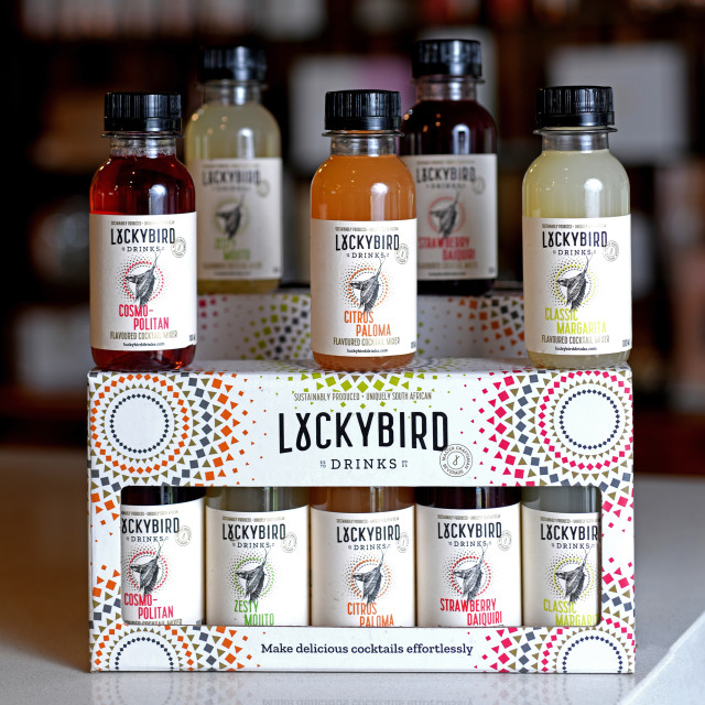 Luckybird Cocktail Mixers Gift, Set of 5 on a bar counter