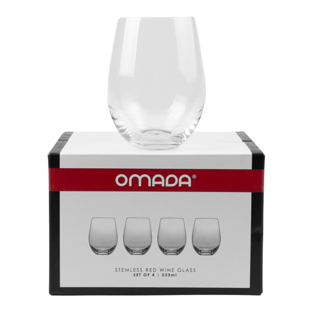 Omada Stemless Red Wine Glasses, Set of 4 packaging with the glass