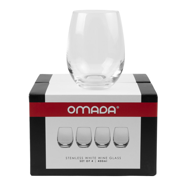 Omada Stemless White Wine Glasses, Set of 4 packaging with a glass