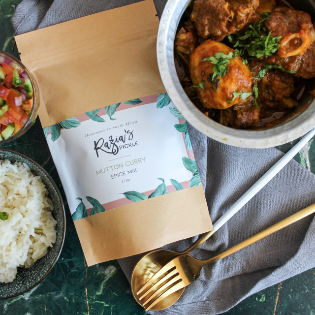 Razias Pickle Mutton Curry Spice Mix, 150g with mutton in a bowl