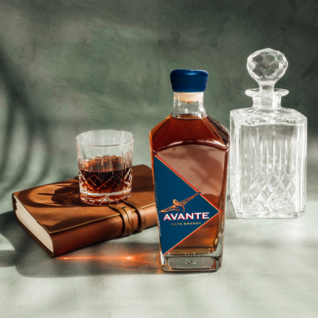 Avante Brandy The Original VSOP Brandy, 750ml on the table with a glass