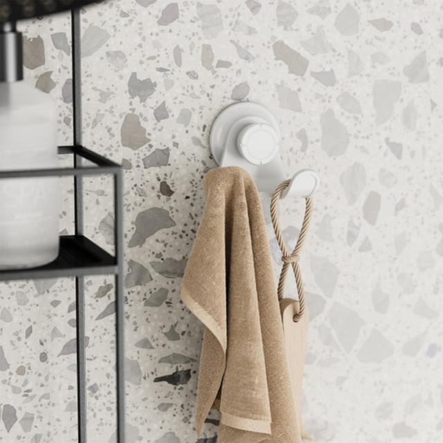 Umbra Flex Adhesive Double Hook - White against wall with towel