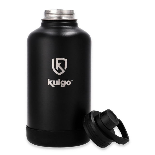 Kulgo Double-Walled Stainless Steel Flask, 1.9L - Black Front View with a Lid on the side