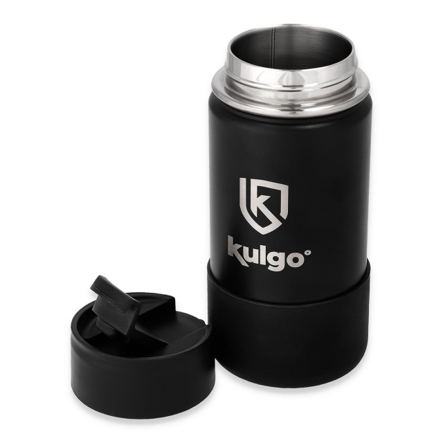 Kulgo Coffee Flask, 350ml - Black - Front view with the lid on the side