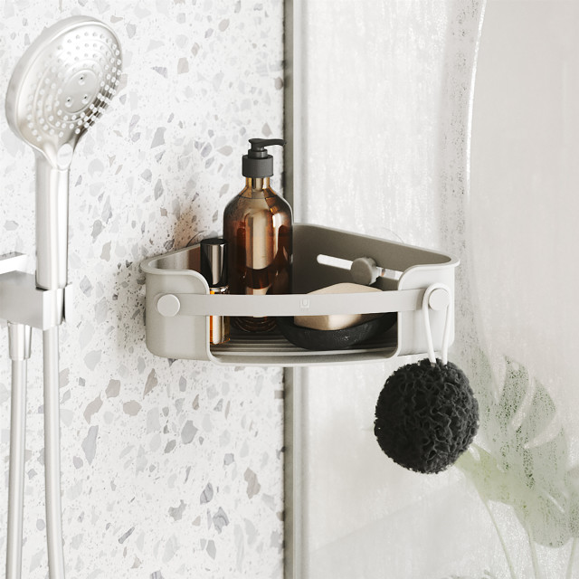Umbra Flex Adhesive Corner Shower Caddy - Grey in a bathroom setting