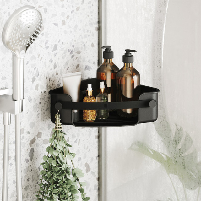 Umbra Flex Adhesive Corner Shower Caddy - Black in a shower setting 