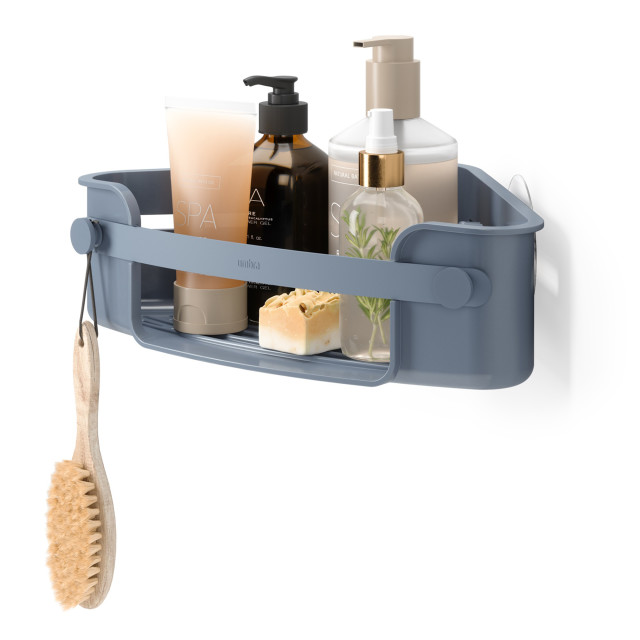 Umbra Flex Adhesive Corner Shower Caddy - Slate Blue detail with shower gels