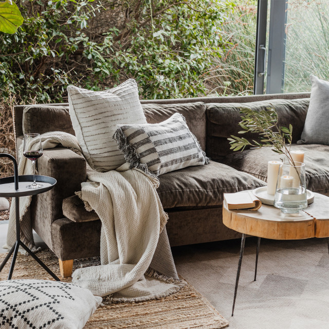 Thread Office Bone Striped Space Yarn Woven Scatter Cushion with Feather Blend Inner, 60cm x 60cm on a couch