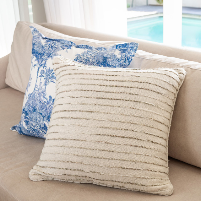 Thread Office Bone Striped Space Yarn Woven Scatter Cushion with Feather Blend Inner, 60cm x 60cm on a couch